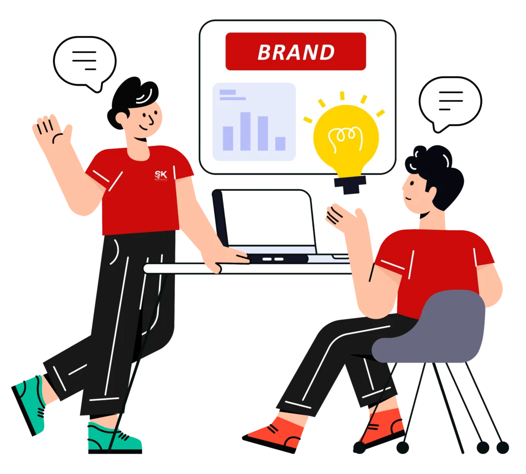 Illustration of two people discussing branding and marketing strategies – digital marketing agency in Wayanad