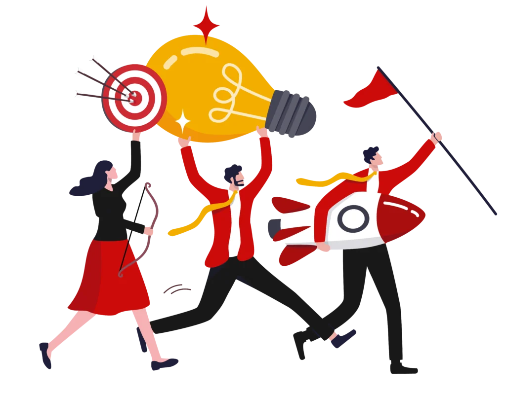 Illustration of business people running toward success with goals and targets