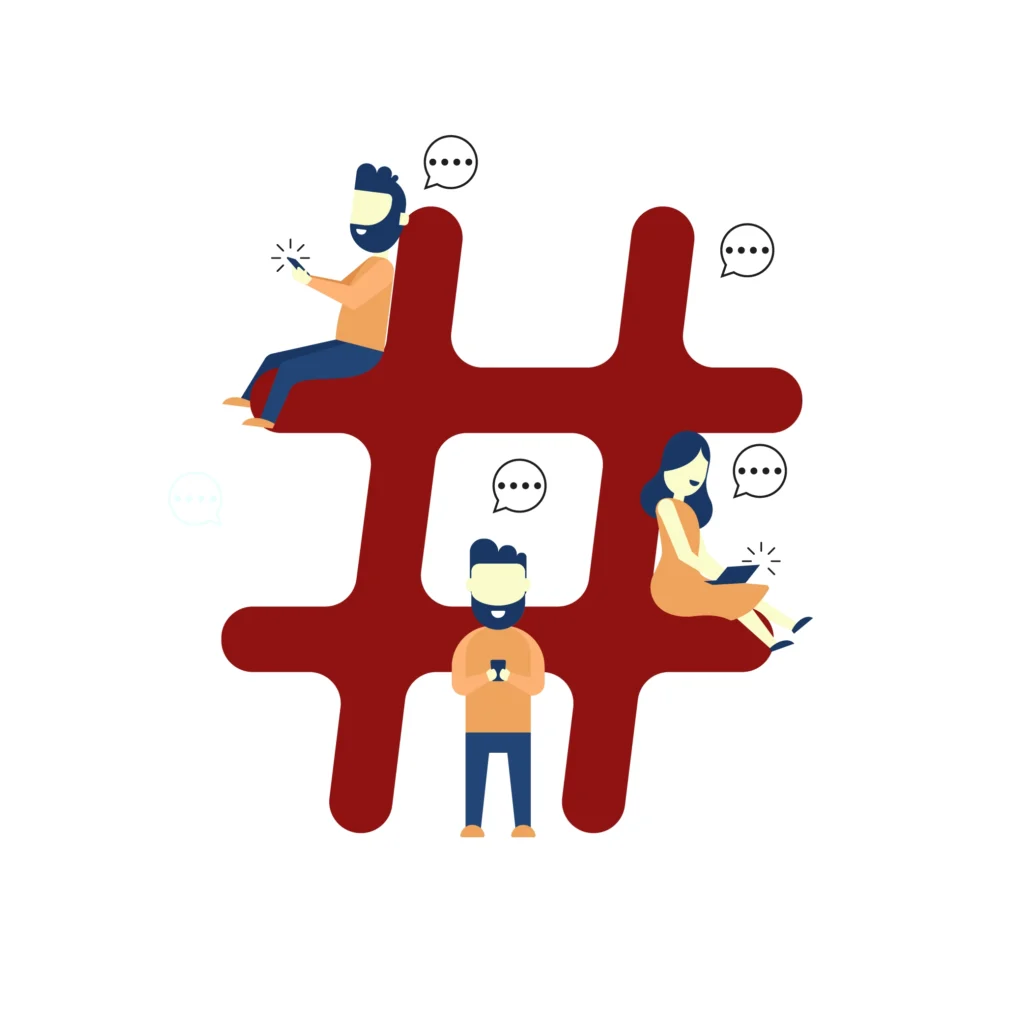a big hashtag symbol with small people around it