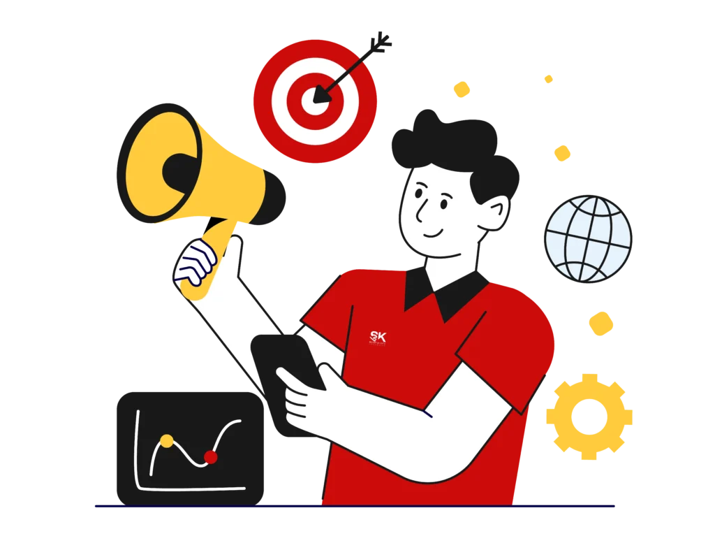 Illustration of a marketer with a megaphone promoting social media campaigns