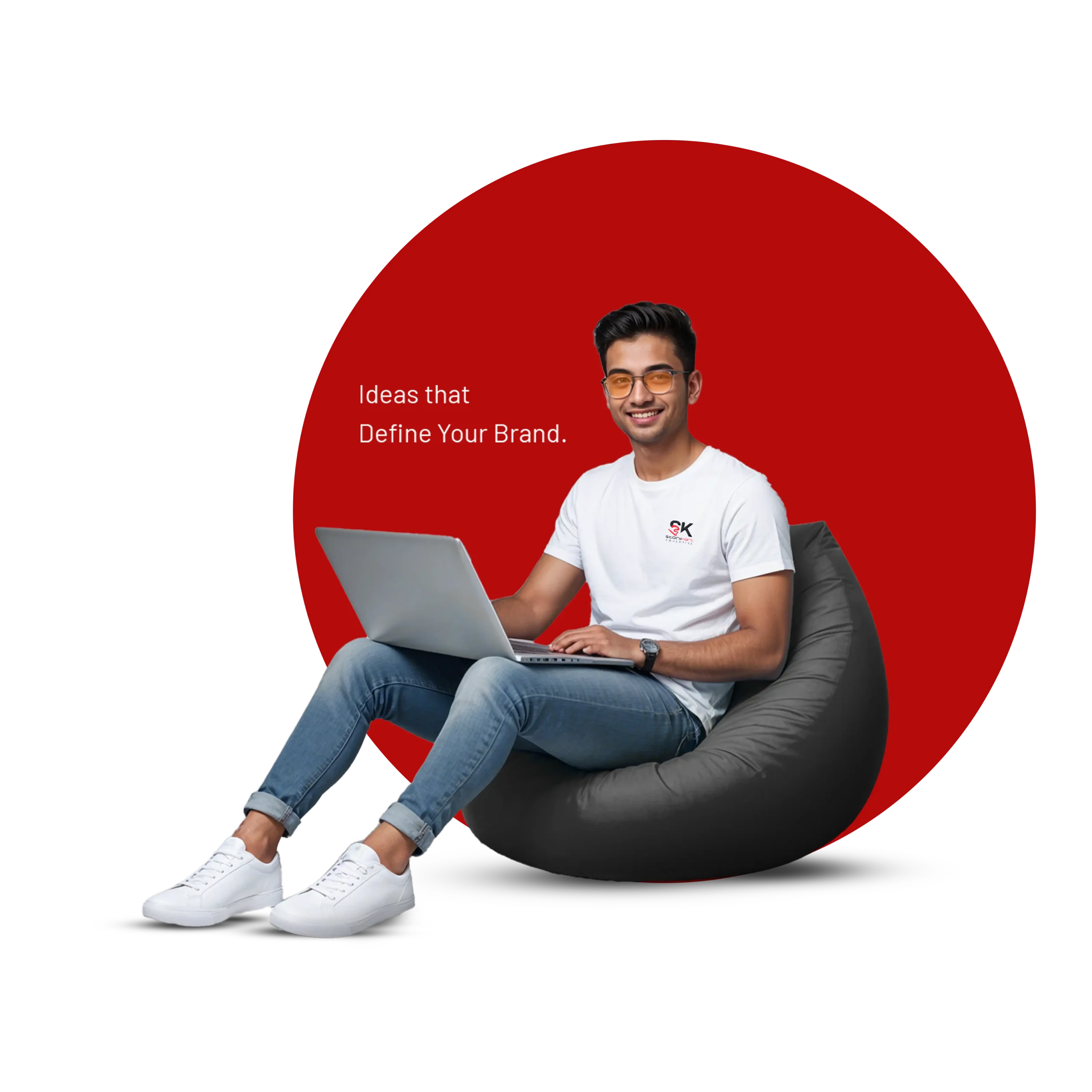 Young man sitting casually on a chair with a modern red circular background